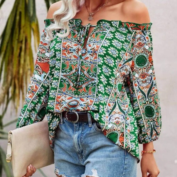 Paisley floral print off the shoulder long sleeve ruffle boho blouse maroon red - Picture 9 of 10